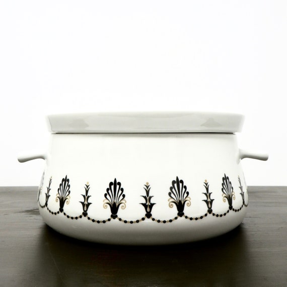 Vintage Porcelaine De Paris France Casserole White Porcelain with Black and Gold Art Deco Design Round Covered Vegetable Server