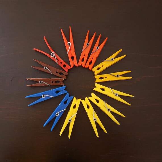 Vintage Clothespins Colorful Plastic Red Yellow Blue and Brown 1970s Lot of 8 ONLY Clothes Pins