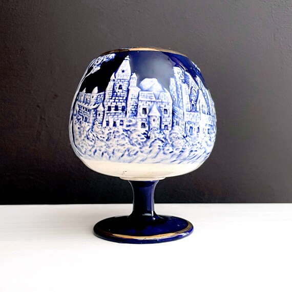 Vintage Chalice Capodimonte Style Blue White Relief Cityscape on Cobalt Glazed Pottery Gold Rim Pedestal Base Ceramic Wine Glass Bas Relief