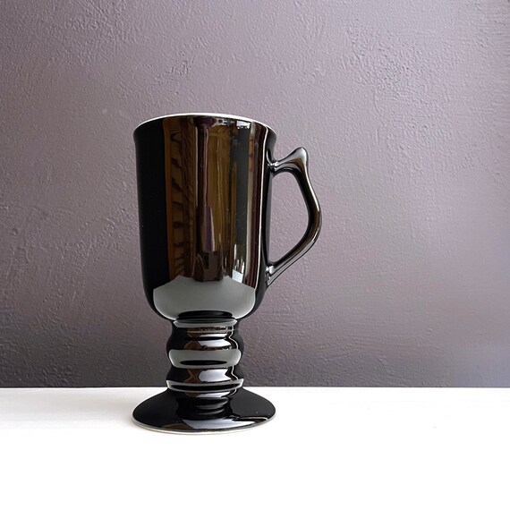Vintage Black Mug Irish Coffee Handled Cup Pottery Hall Pedestal Mug Footed Base Glazed Black White Interior Ceramic Fancy Mug Toddy