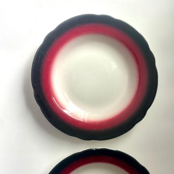 Vintage Soup Bowls 9" Jackson China Bowl Set Maroon Black Airbrushe Rim White Restaurantware