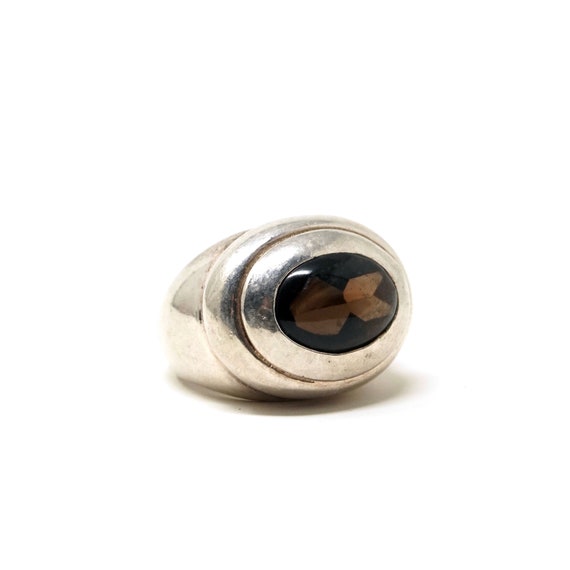 Vintage Smoky Quartz Ring 925 Silver Chunky Ring Cut Clear Gemstone Grey Brown Wide Band Sterling Italy Statement Ring Size 7.5