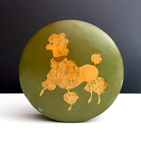 Vintage Poodle Box Decoupage Poodle Illustration On Olive Green Container with Lid Round Trinket Box Dog Motif Handmade Jewelry Box OOAK 60s