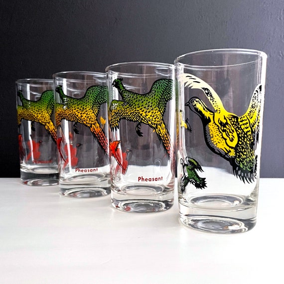 Vintage Bird Glasses Geese Tumblers Quail Glass Game Bird Themed Glassware Anchor Hocking Set of 4 Colorful Barware Hunting Theme MCM Hiball