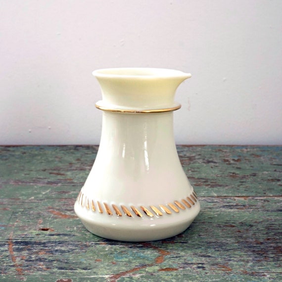 Vintage Creamer Westmoreland Off White Milk Glass Gold Accents Opaque Glass Beige with Gold Swirl Band Handleless Pitcher for Cream 1960s