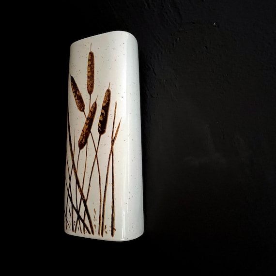 Vintage Wall Vase Pottery Hanging Rectangular Vase with Embossed Cattails White Speckled Glaze Wall Pocket 1970s