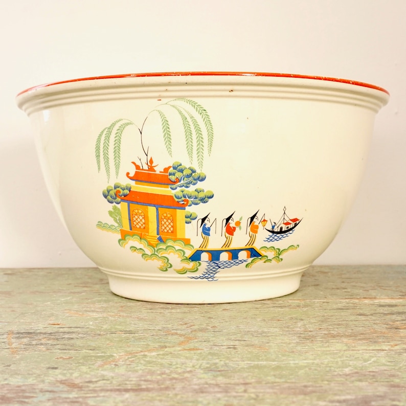Vintage Homer Laughlin Mixing Bowl RARE Chinese Willow 30s Kitchen Kraft Ovenserve Asian Scene Butter Yellow Pottery Bowl Red Rim Very Heavy