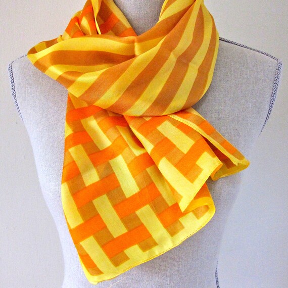 Vintage Orange Scarf Silk Scarf Yellow Plaid Basket Weave