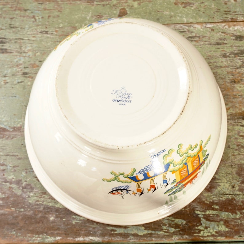 Vintage Homer Laughlin Mixing Bowl RARE Chinese Willow 30s Kitchen Kraft Ovenserve Asian Scene Butter Yellow Pottery Bowl Red Rim Very Heavy