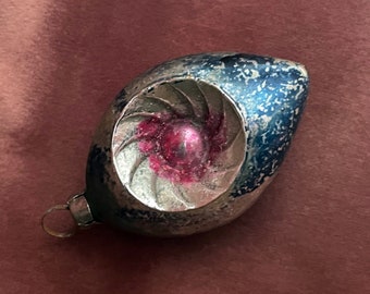 Vintage Indent Ball Blue Pink Ornament Hand Painted Very Old Teardrop Molded Blown Glass Tree Trim Distressed Ornament Polish or Czech 1930s