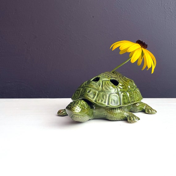 Vintage Turtle Flower Frog Ceramic Green Glazed Tortoise Floral Pin Frog Hand Made Ceramics 60s Floral Arrangement Holder Terrapin with Flaw