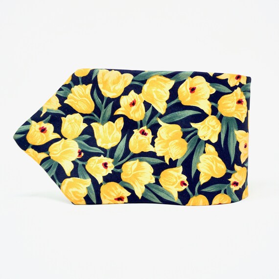Vintage Liberty of London Necktie Floral Yellow Tulips on Navy Blue Silk 1980s Men's Tie
