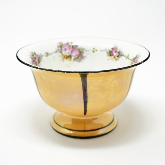 Vintage Noritake Morimura Peach Luster Urn Shaped Footed Bowl with Black Stripe  Floral Interior Deco Era 1920s