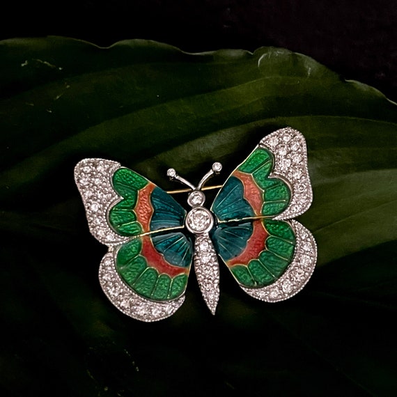 Butterfly Brooch Vintage Enameled Platinum 18K Gold Diamond Pin Papillon Green Pink Butterfly .70 Total Weight Pavé Diamonds Hammerman Style