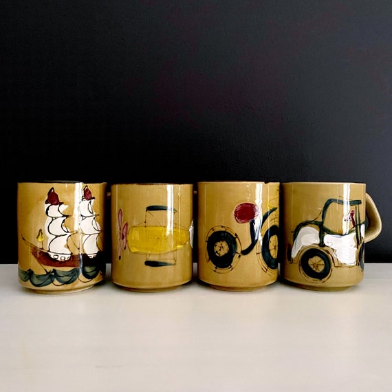 Vintage Mugs Transportation Set 4 Ship Mug Car Coffee Cup Plane Bike Childlike Painted Pottery Mustard Glaze Vehicle Mugs Hi Mark Korea 70s