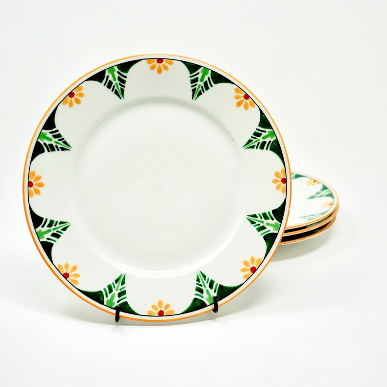Antique Limoges France Superieur Plates Set of 4 Rare 1910s Arts and Crafts Motif Green Yellow Daisy on White Porcelain Dessert Plates
