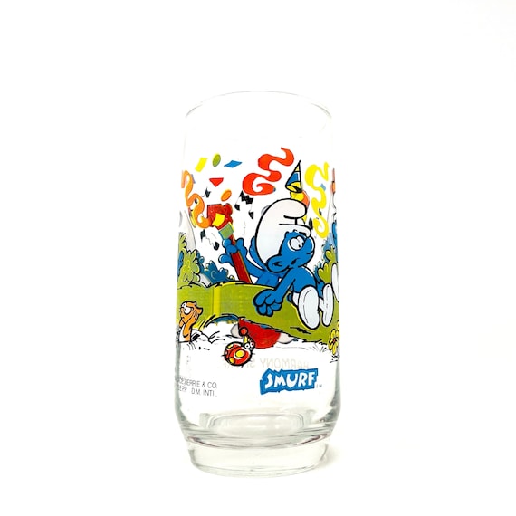 Vintage Glass Smurfs Collector Cup Harmony Smurf 1983 Peyo Tumbler 1980s Cartoon Classic Collectible Glass 80s Kids Show