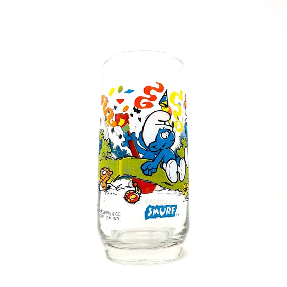 Vintage Glass Smurfs Collector Cup Harmony Smurf 1983 Peyo Tumbler 1980s Cartoon Classic Collectible Glass 80s Kids Show