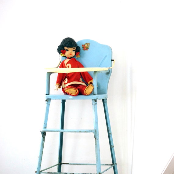 Vintage Toy High Chair Baby Blue Metal 50s Doll E Highchair by Amsco Toy Furniture Piece Bear Money Label Made in Hatboro PA Doll Furniture