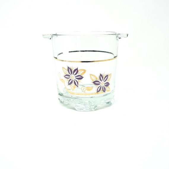 Vintage Ice Bucket 1960s DeValBar Italy Small Bucket Clear Glass Windrose Purple Flowers Gold Leaves Bands Handles Hollywood Regency Barware