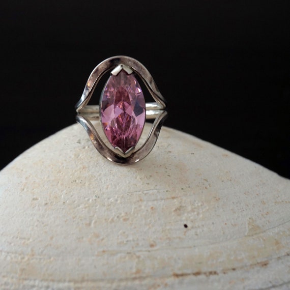 Vintage Pink Ring Cubic Zirconia Marquise Cut 2 Prong Setting 925 Sterling Silver Mexico Size 6 Large Faux Pink Diamond Look Man Made Gem