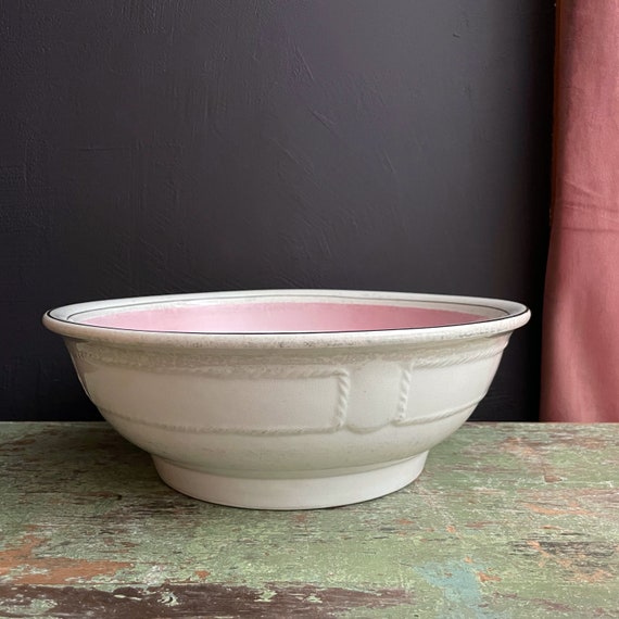 Vintage Large Bowl Pink and White Pottery Bowl Huge Marked with a Texas Stamp 40s Heavy Ironstone Basin Interior Pink Black Stripe HAS FLAWS