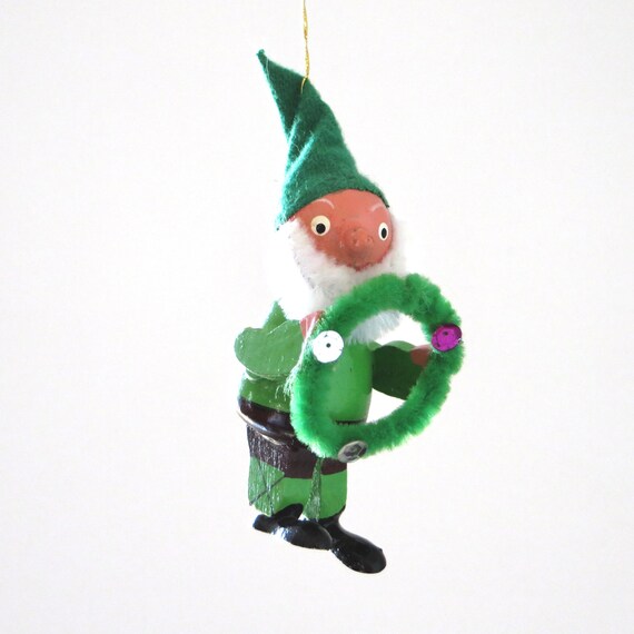Vintage Elf Ornament Wood Painted Gnome White Beard With Green Hat Wreath 1970s Christmas Kitsch Decor Tree Trim Woodland