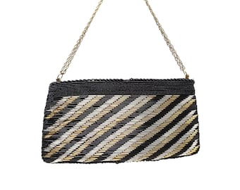 Vintage Gold and Black Clutch Bag Beaded Handbag Small Evening Purse Removable Chain Handle Retro Cocktail Bag Walborg Hand Beaded in Macau