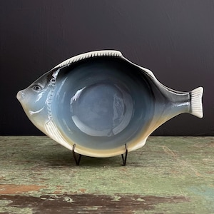 Vintage Fish Bowl Blue Glazed Pottery Flat Earth Pottery Fish Shaped Deep Bowl for Serving
