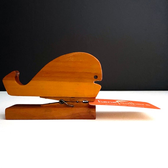 Vintage Whale Clip Paper Holder Hand Carved Wood Whale with Clothespin Mouth Grabber Desktop Organizer Nautical Theme 1980s Whale Lover Gift