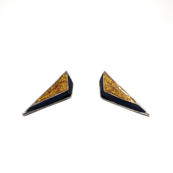 Vintage Earrings Triangles Striped Black Gold Glitter Enameled 1980s Earrings Post Back Angular Modern Dagger Shape Earring Jewelry by Monet