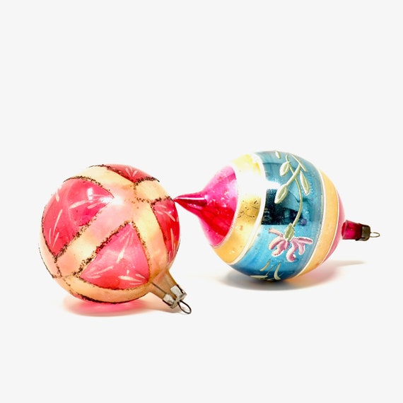 Vintage Christmas Balls Pink Orange Glass Ornaments Polish Un-silvered Ball Mica Glitter Teardrop Bulb Handpainted Floral Foiled Blue Stripe