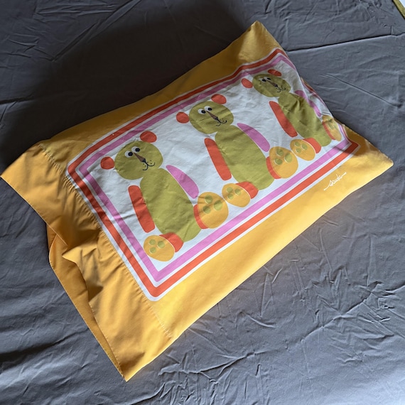 Vintage Scuda Pillowcase Teddy Bears Orange Mid Century Standard Size Bed Pillow Case