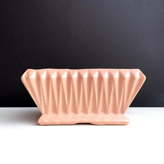 Vintage Pink Planter Upco Ungemach Pottery Co Plant Pot Rectangular Pale Pink Origami Look Ceramic Vessel Accordion Fold Planter Angular