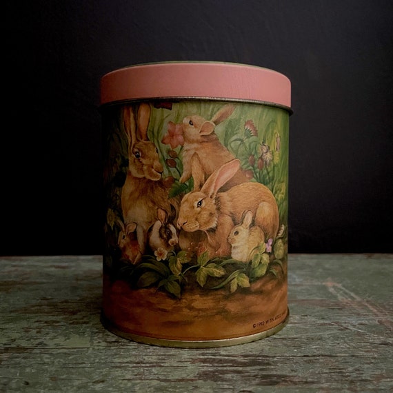 Vintage Bunny Tin with Lid Canister Small Pink Lid Dark Green Background Rabbit Scene Printed Painting Lidded Storage Container Metal