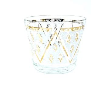Jahrgang Georges Briard Eiskübel Glas Gold Paisley Druck weiße Dreiecke Mid Century Barware kleine Eiskübel 1960er Jahre Bar Cart Essential
