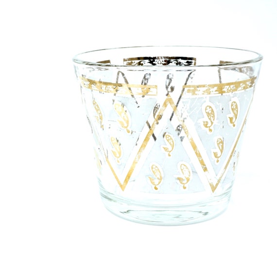 Vintage Georges Briard Ice Bucket Glass Gold Paisley Print White Triangles Mid Century Barware Small Ice Bucket 1960s Bar Cart Essential