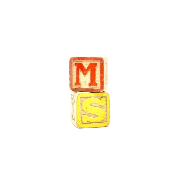 Vintage Toy Block Pair Wood Blocks Red Letter M Yellow Letter S Green Letter Z Blue F Mid Century Spell Ms. Initials sm fm mf ms sz zs fz zf