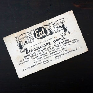 Vintage Visitenkarte The Stagmoore Grill Jackson Heights Long Island 1940er Jahre Restaurant Karte Queens NY Sammlerstück