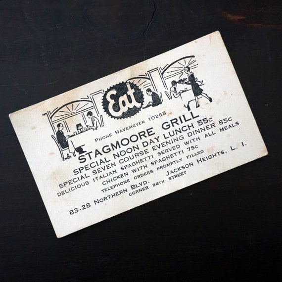 Vintage Business Card The Stagmoore Grill Jackson Heights Long Island 1940s Restaurant Card Queens NY Collectible
