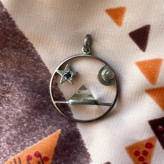 Vintage Pendant Moon Star and CLear Quartz Pyramid Necklace Charm Sterling Silver Moonstone Iolite