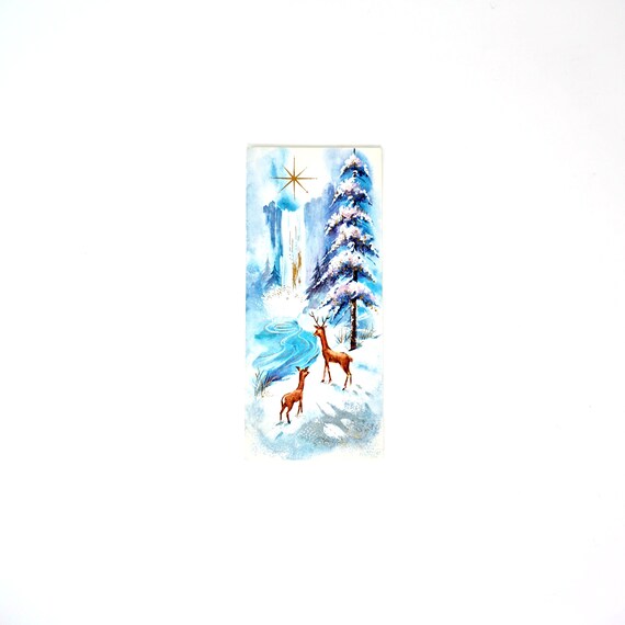 Vintage Christmas Card Deer in Snow 50s Holiday Greeting Card Used Mid Century Blue Snow Scene Woodland Gold North Star New Year Paper Card