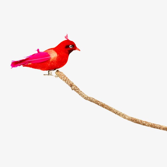 Vintage Cardinal Flocked Red Bird Feathers Clip On Styrofoam Bird Red Velvet Real Feathers Fuschia Crimson Winter Bird Christmas Ornament