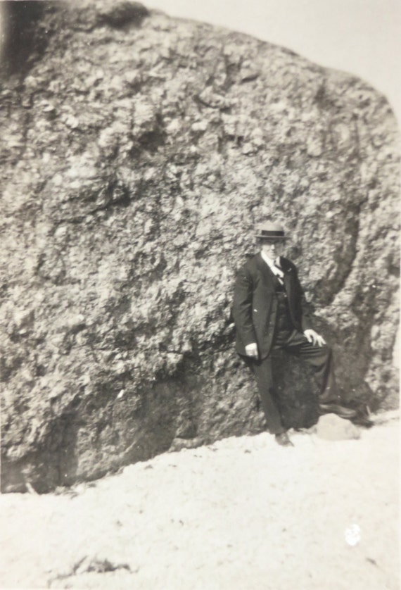 Vintage Photograph Man with Rock Beach 1920s Photo