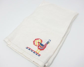 Vintage Tea Towel Roosters Red Yellow Blue Dishcloth 50s