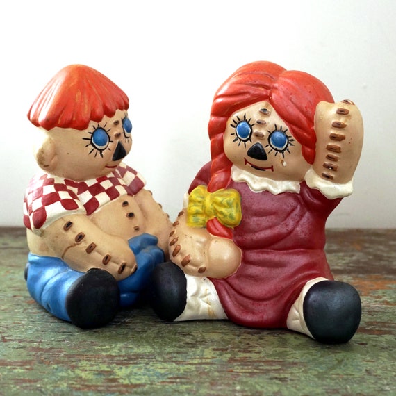 Vintage Raggedy Ann and Andy Ceramic Figurines Hand Painted Red Haired Dolls Classic Couple 70s Homemade Ceramic Creations Retro Kids Decor