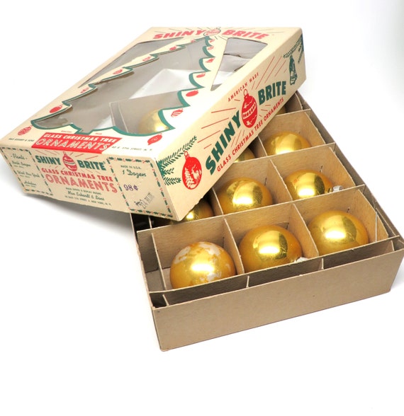 Vintage Ornaments Gold Shiny Brite Christmas Balls Box