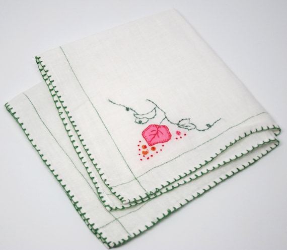 Vintage Hanky Pink Green White Linen Embroidery Handmade