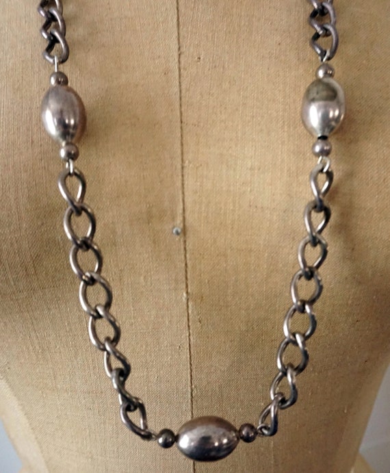 Vintage silver chain necklace silver beads hollow… - image 4