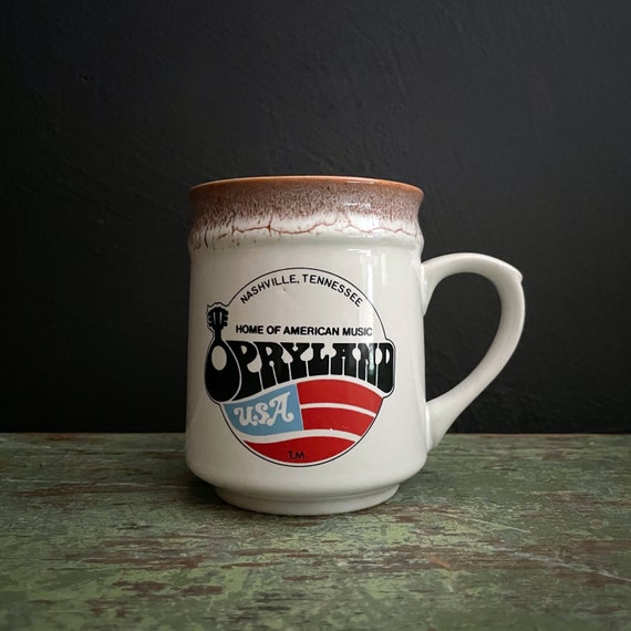Vintage Mug Opryland USA Nashville Tennessee Home of American Music White Stoneware Mug Brown Drippy Rim Pottery 1970s Theme Park Souvenir